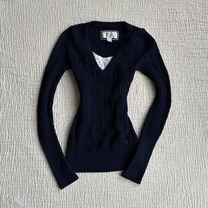 y2k navy blue cable knit v-neck sweater